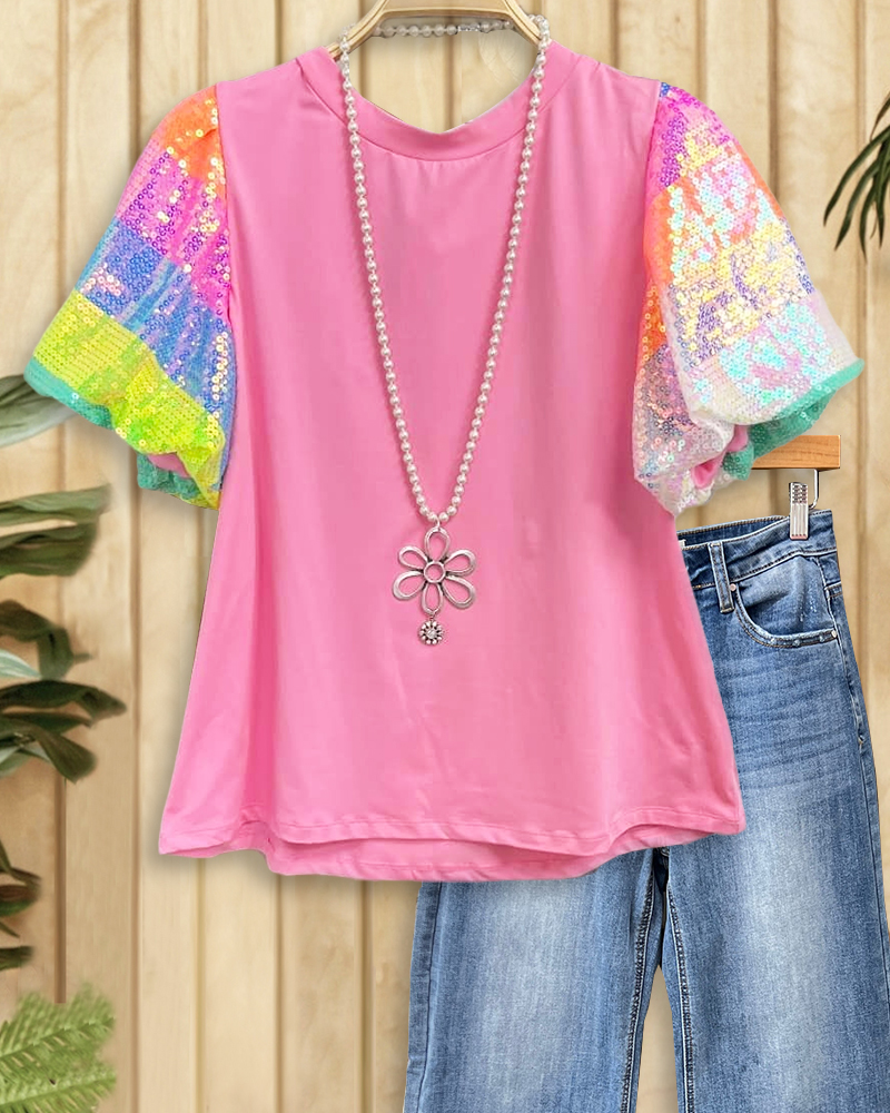 Rainbow Sequined Spliced Puff Sleeve Cute T-Shirt-S.fashion