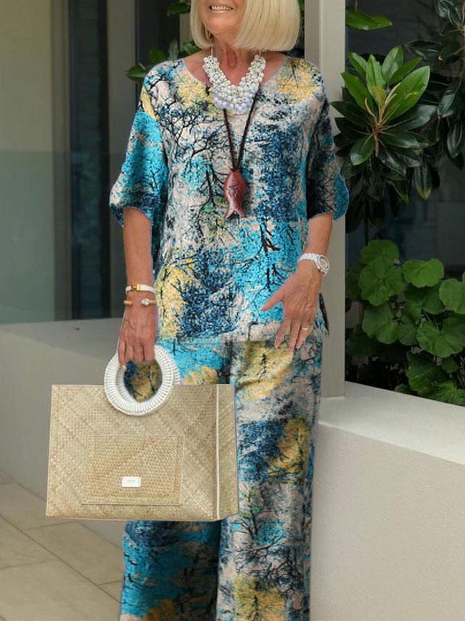 Ethnic Style Printing Short Sleeves Casual Two-piece Suits-S.fashion