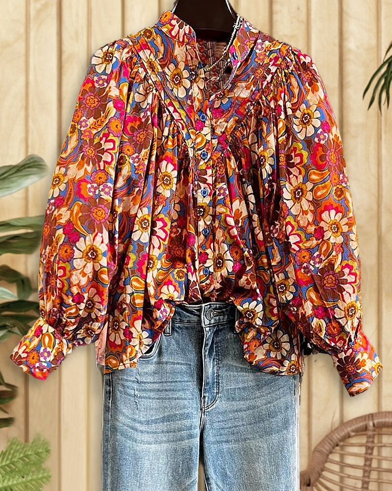 Floral Print Urban Pleated Detail Button Down Blouse-S.fashion