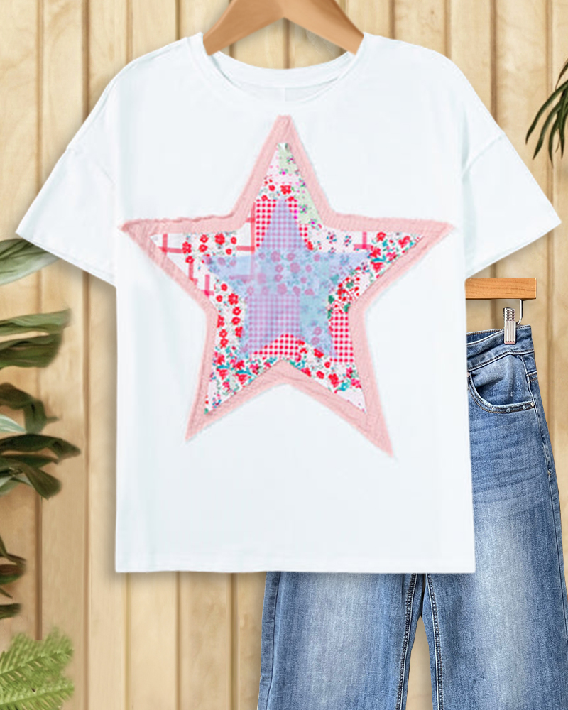 Printed Star Applique Patchwork Laid Back T-Shirt-S.fashion