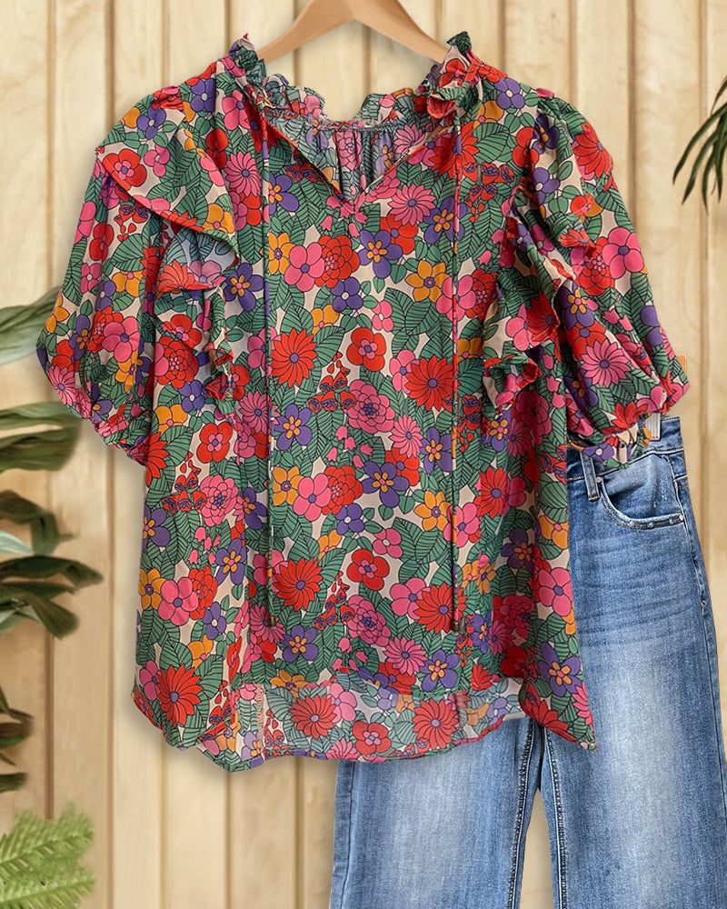 Floral Print Cute Ruffles Puff Sleeve Blouse-S.fashion