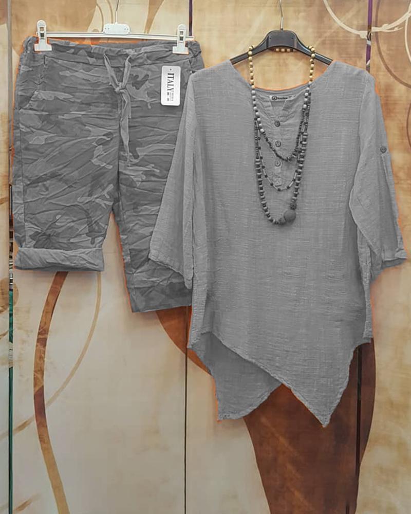 Irregular Hem Round V-Neckline Five-Point Sleeve Two-Piece Suit-S.fashion