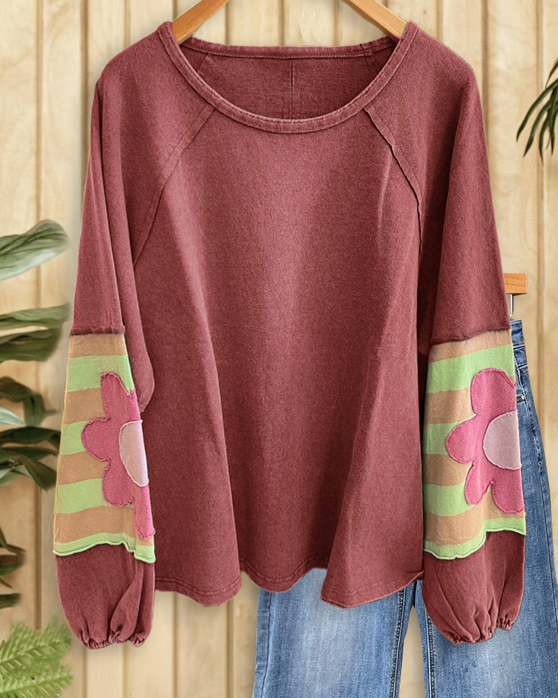 Flower Applique Unique Patchwork Sweatshirt-S.fashion