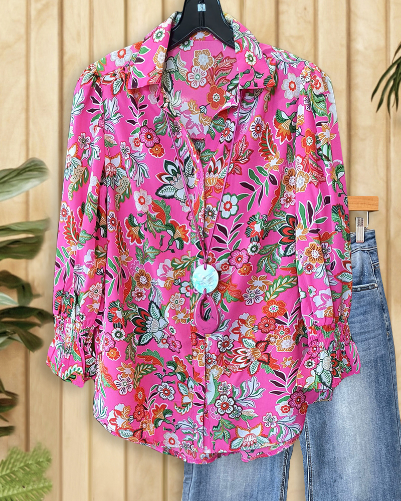 Floral Print Classic Shirt Collar Button Blouse-S.fashion