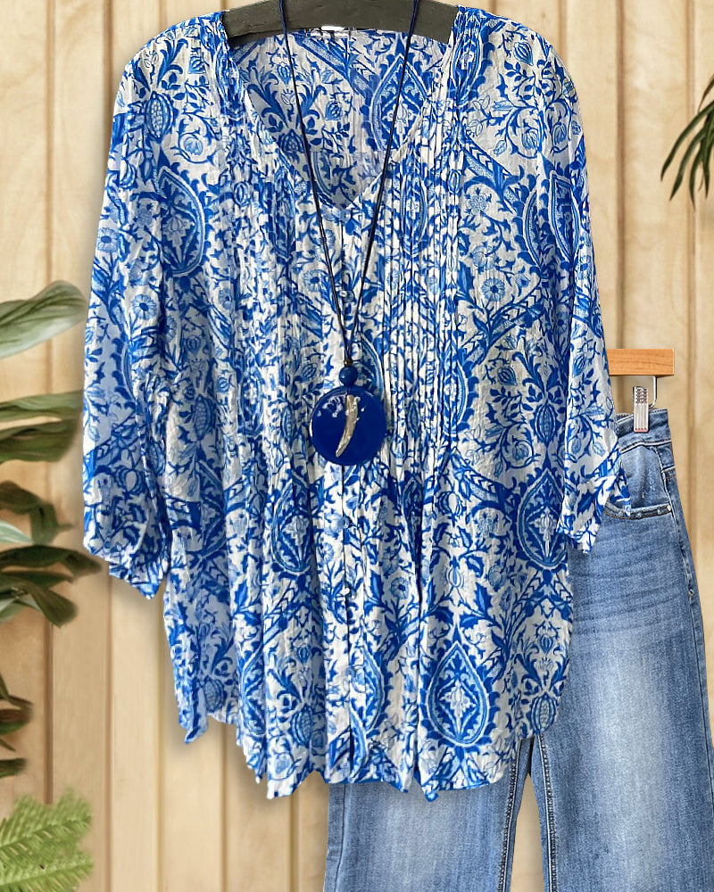 Paisley Print Oriental Pleated Button Down Blouse-S.fashion