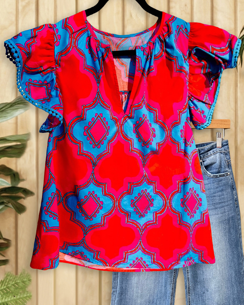 Tribal Print Ethnic V Neck Flutter Sleeves T-Shirt-S.fashion