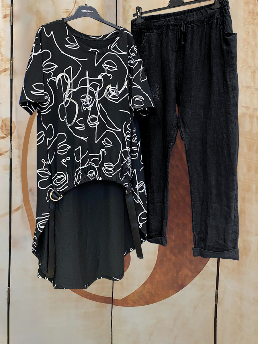 Abstract Line Print Short Front And Long Back Top And Trousers Set-S.fashion