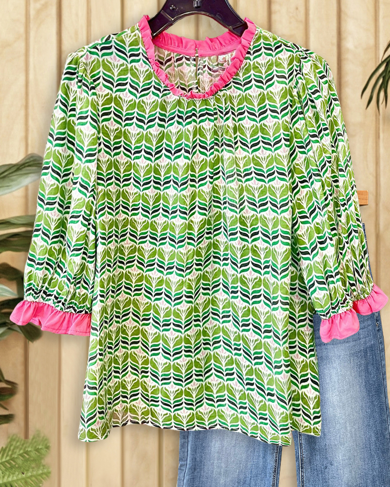 Graphic Print Ruffles Trim Cute T-Shirt-S.fashion