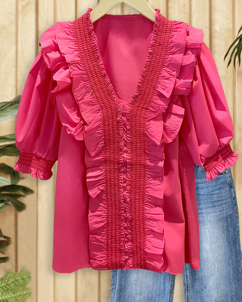 Solid Color V Neck Rocking Smocked Ruffles Blouse-S.fashion