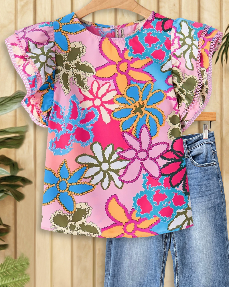 Vibrant Floral Print Girly Ruffles T-Shirt-S.fashion