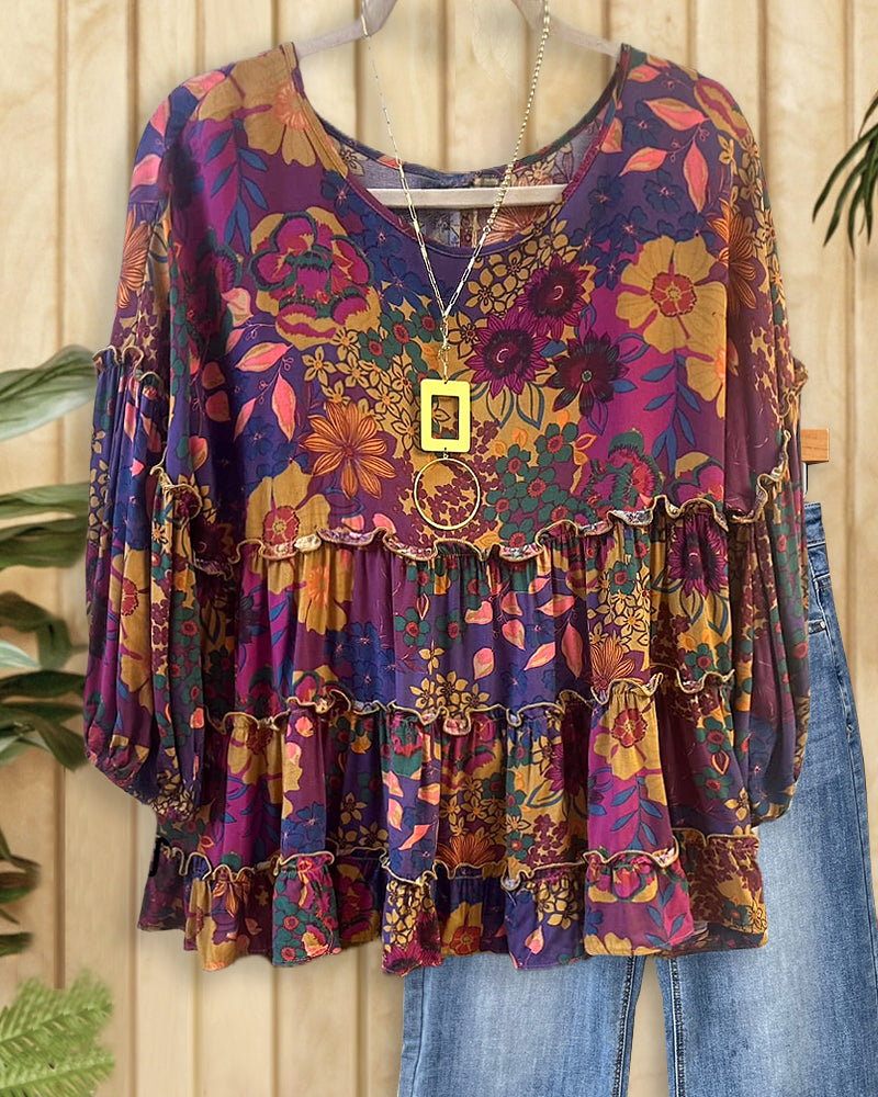 Floral Print Cute Babydoll Tiered Blouse-S.fashion