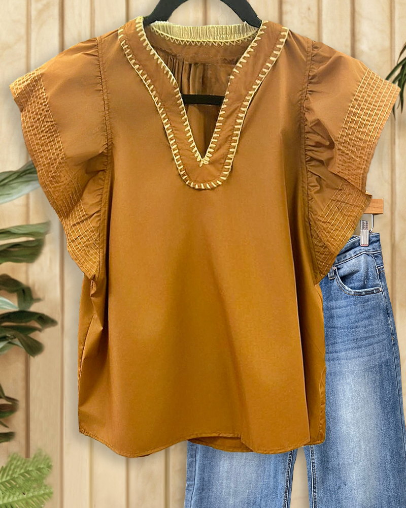 Contrast-Stitch Trim V Neck Flutter Sleeves Simple T-Shirt-S.fashion