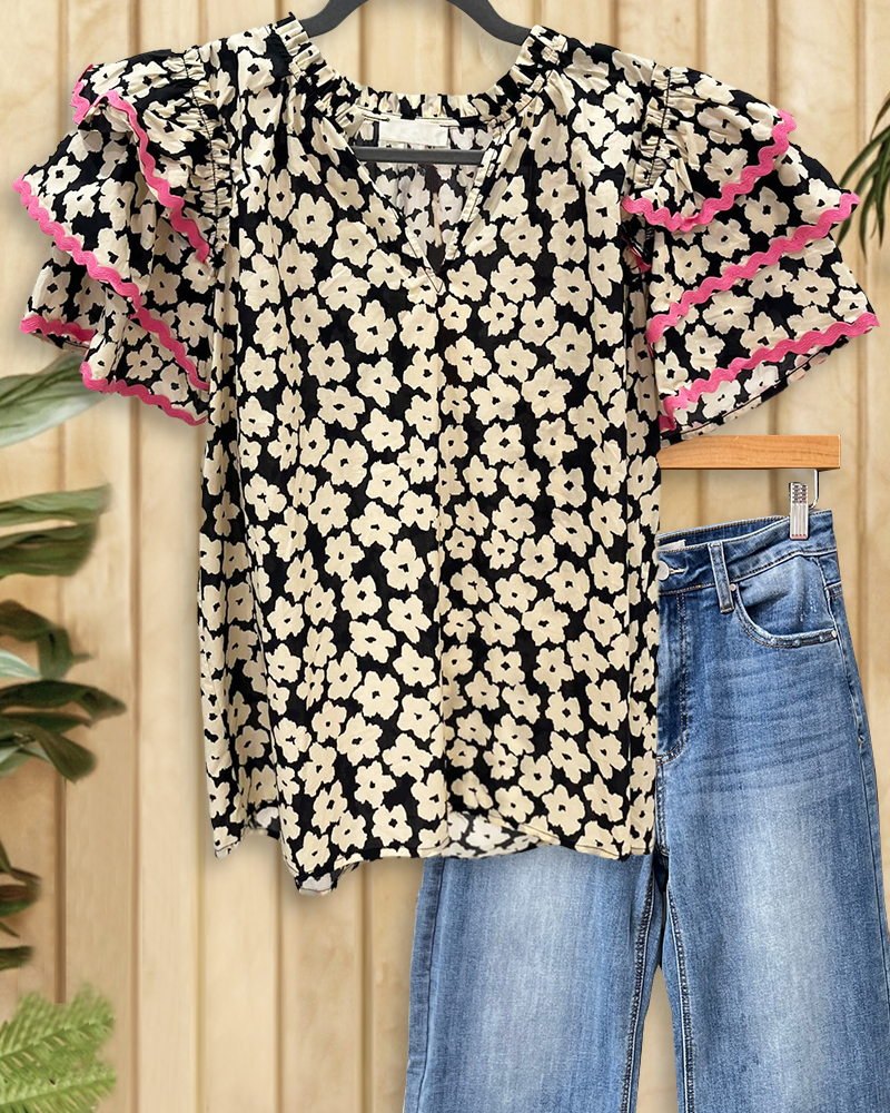 Contrasting Floral Print Patchwork Pretty Tiered Sleeve T-Shirt-S.fashion