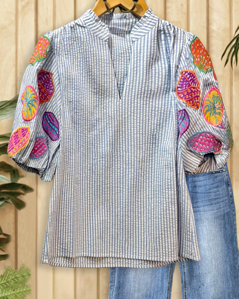 Embroidered Puff Sleeve Chic V Neck Striped Blouse-S.fashion