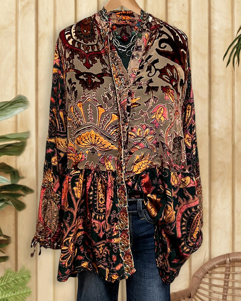 Floral Print Velvet Ethnic Button Down Blouse-S.fashion
