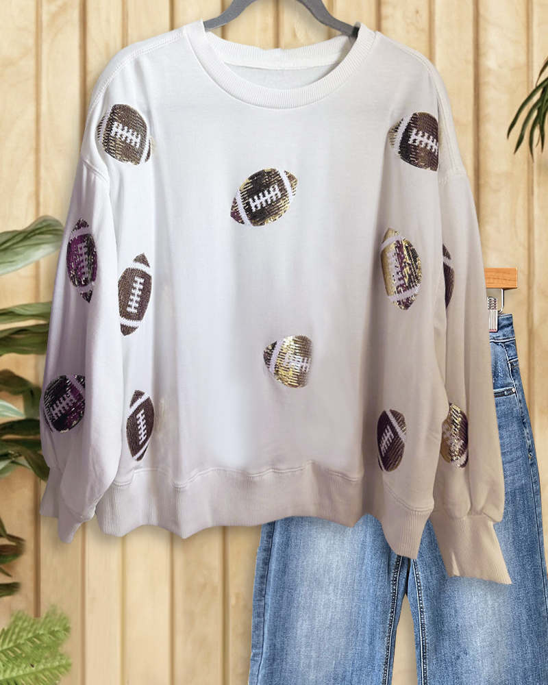 Rugby Sequined Urban Round Neck Sweatshirt-S.fashion