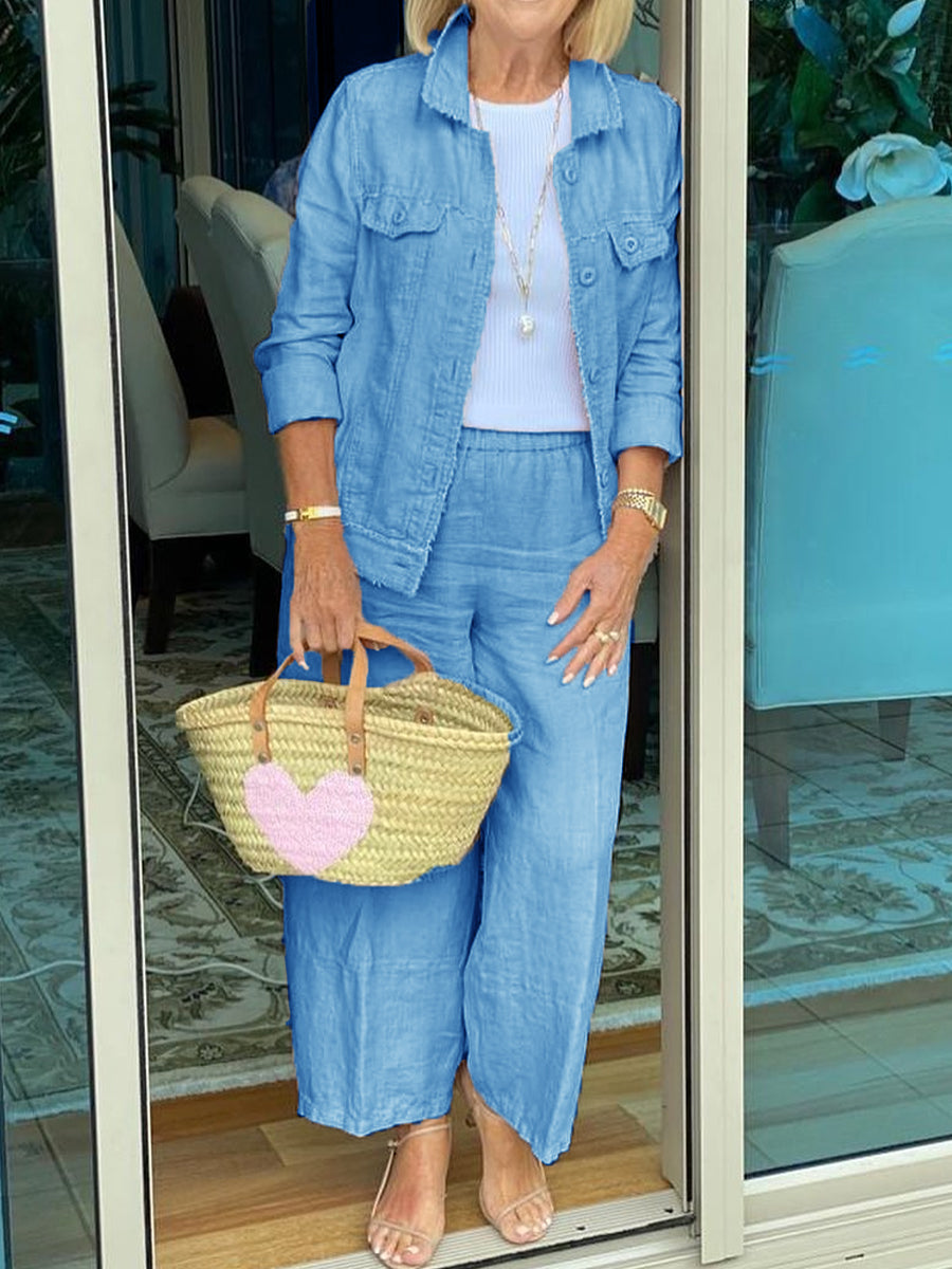 Casual Button Down Lapel Jacket And Pants Set-S.fashion
