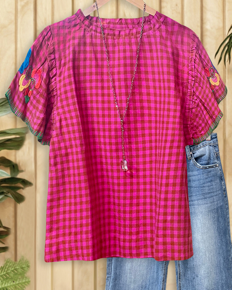 Floral Embroidery Checked Girly Ruffle Sleeve Blouse-S.fashion
