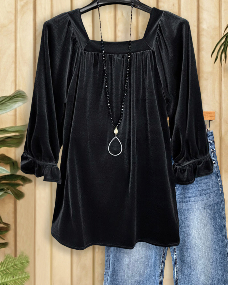 Solid Color Square Collar Simple Velvet Blouse-S.fashion