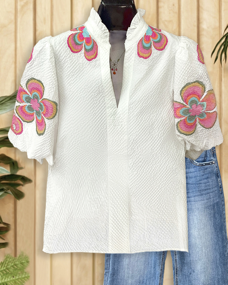 Floral Print Puff Sleeve Stylish V Neck Blouse-S.fashion