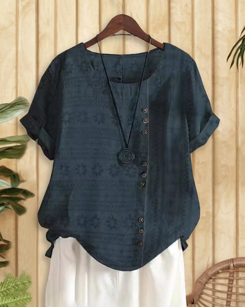 Subtle Floral Print Relaxed Round Neck Blouse-S.fashion
