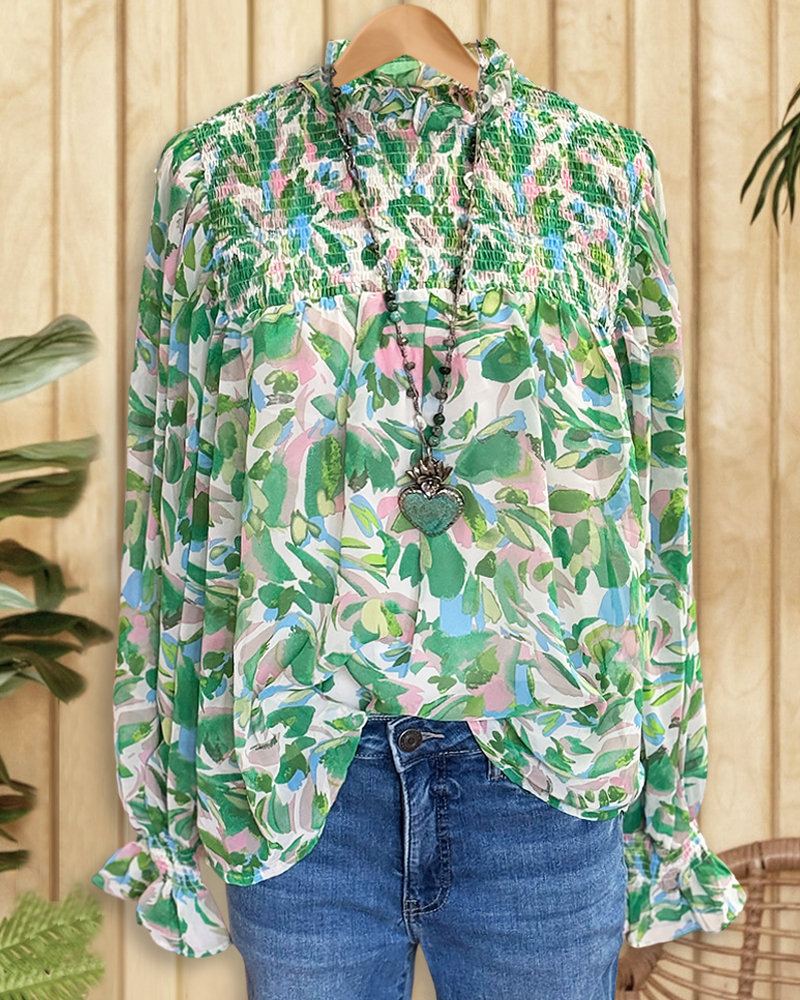 Watercolor Print Strap Shirred Elegant Ruffled Collar Blouse-S.fashion