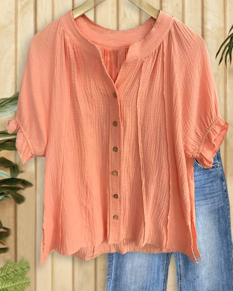 Solid Color Raglan Sleeve Cozy Button Blouse-S.fashion