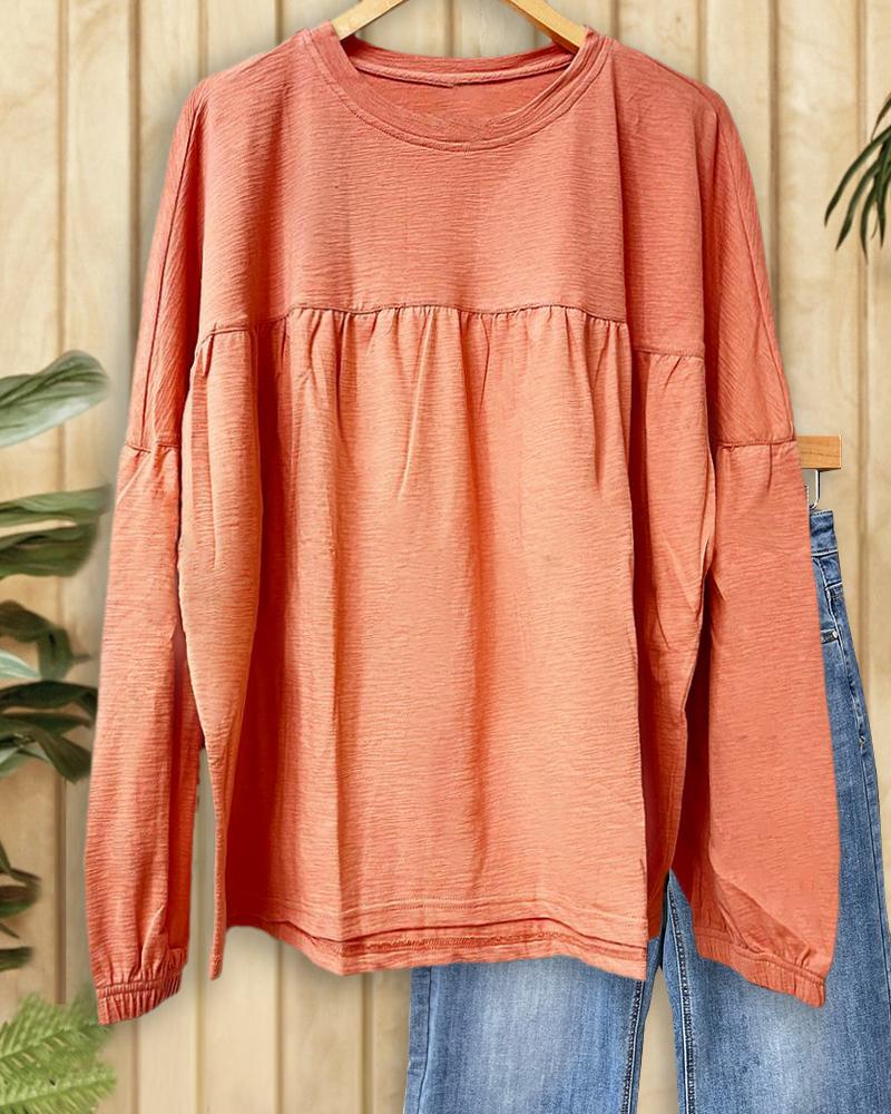 Solid Color Classic Round Neck Drop-Shoulder Blouse-S.fashion