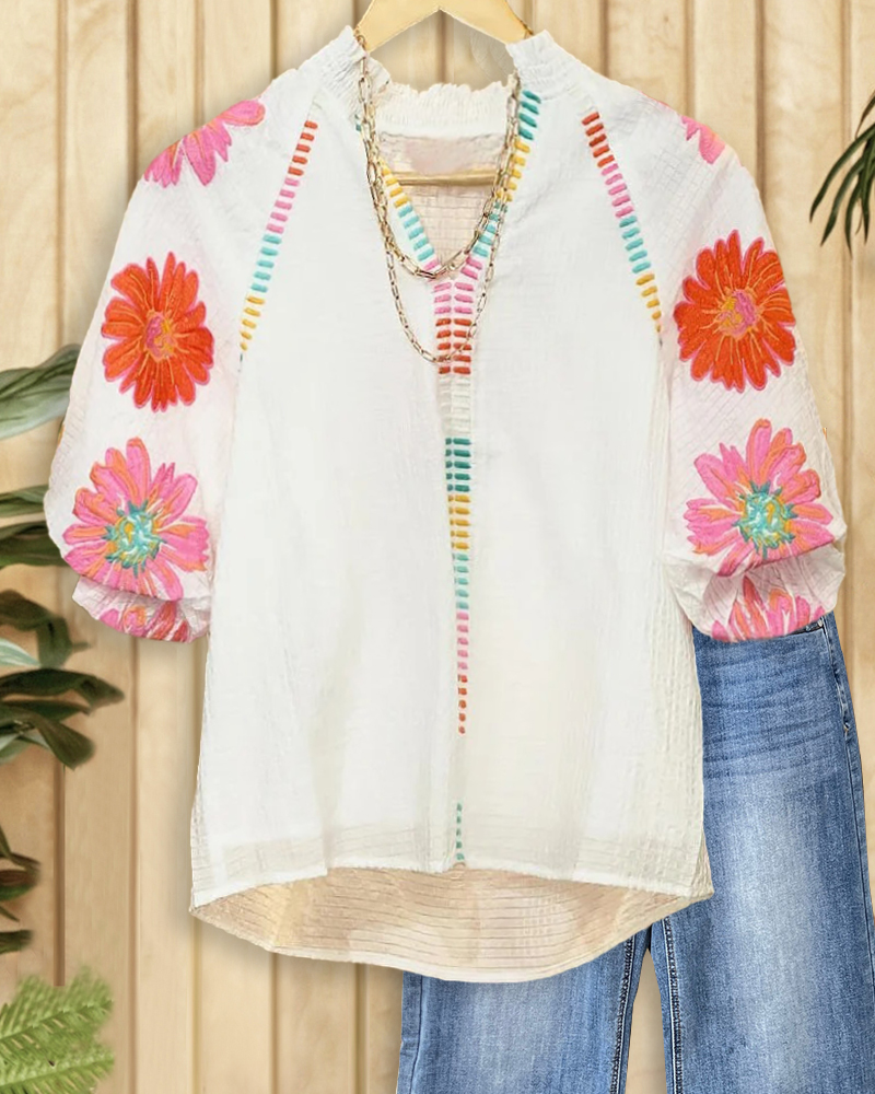 Floral Print Unique V Neck Puff Sleeve Blouse-S.fashion