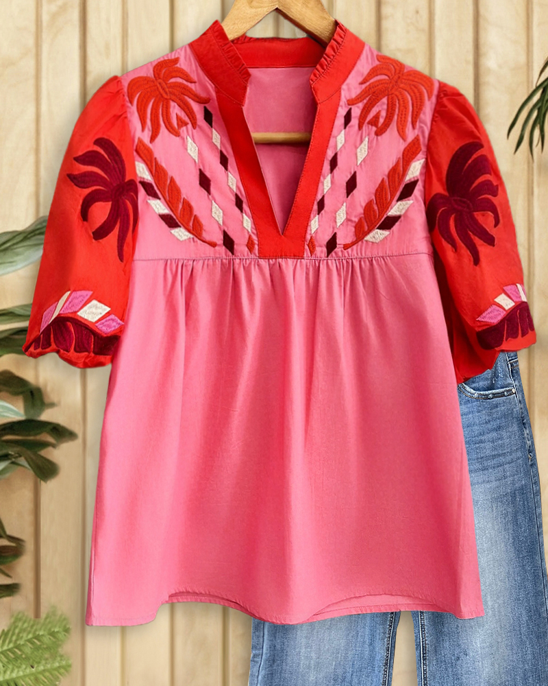Floral Embroidery Puff Sleeve Retro V Neck T-Shirt-S.fashion