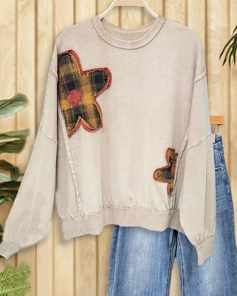 Flower Applique Cozy Round Neck Sweatshirt-S.fashion