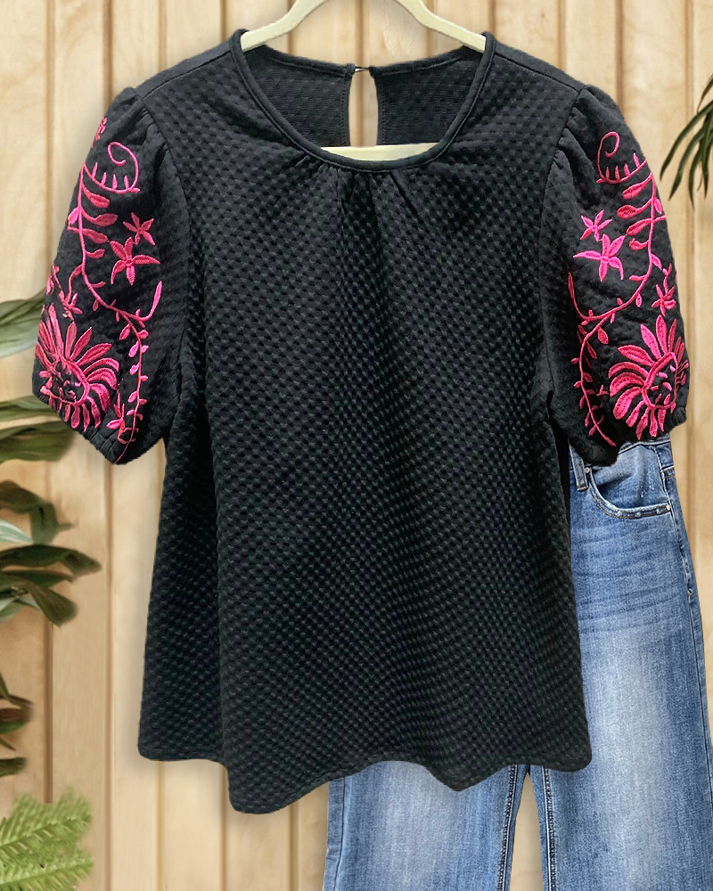 Floral Embroidery Puff Sleeve Retro Textured T-Shirt-S.fashion