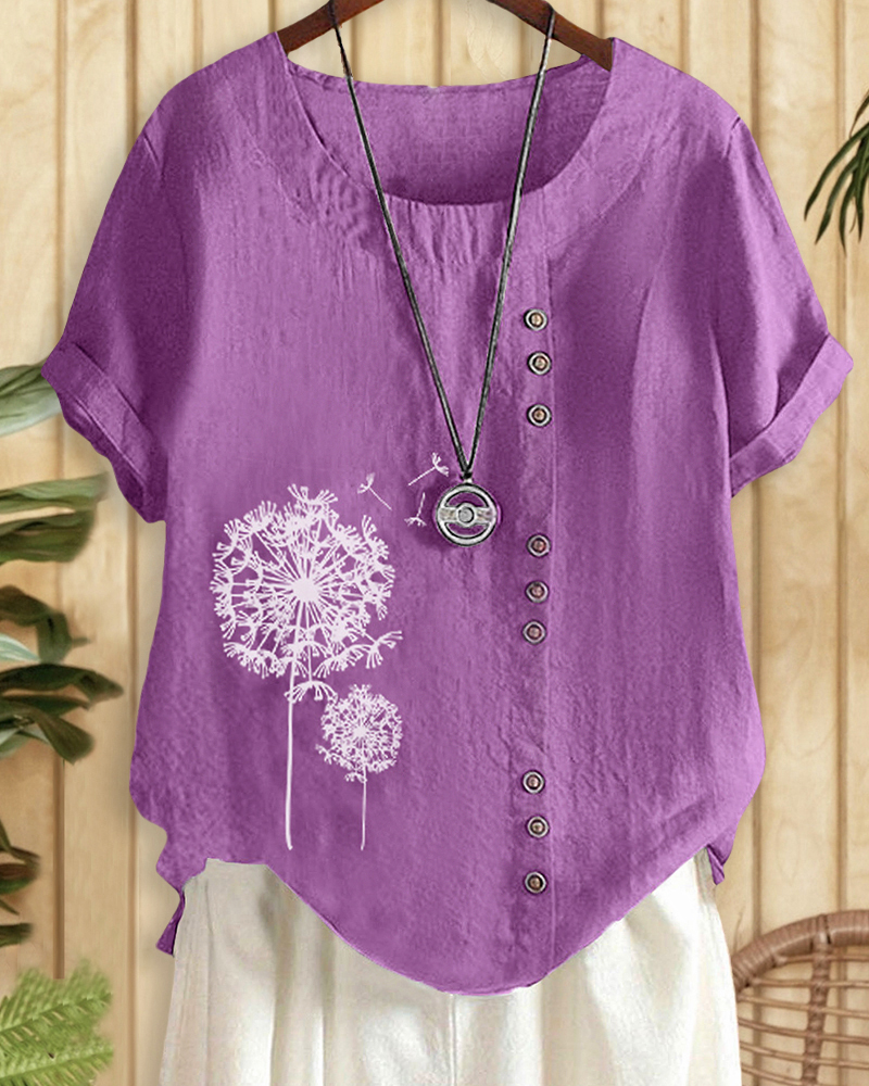 Dandelion Print Cozy Round Neck T-Shirt-S.fashion