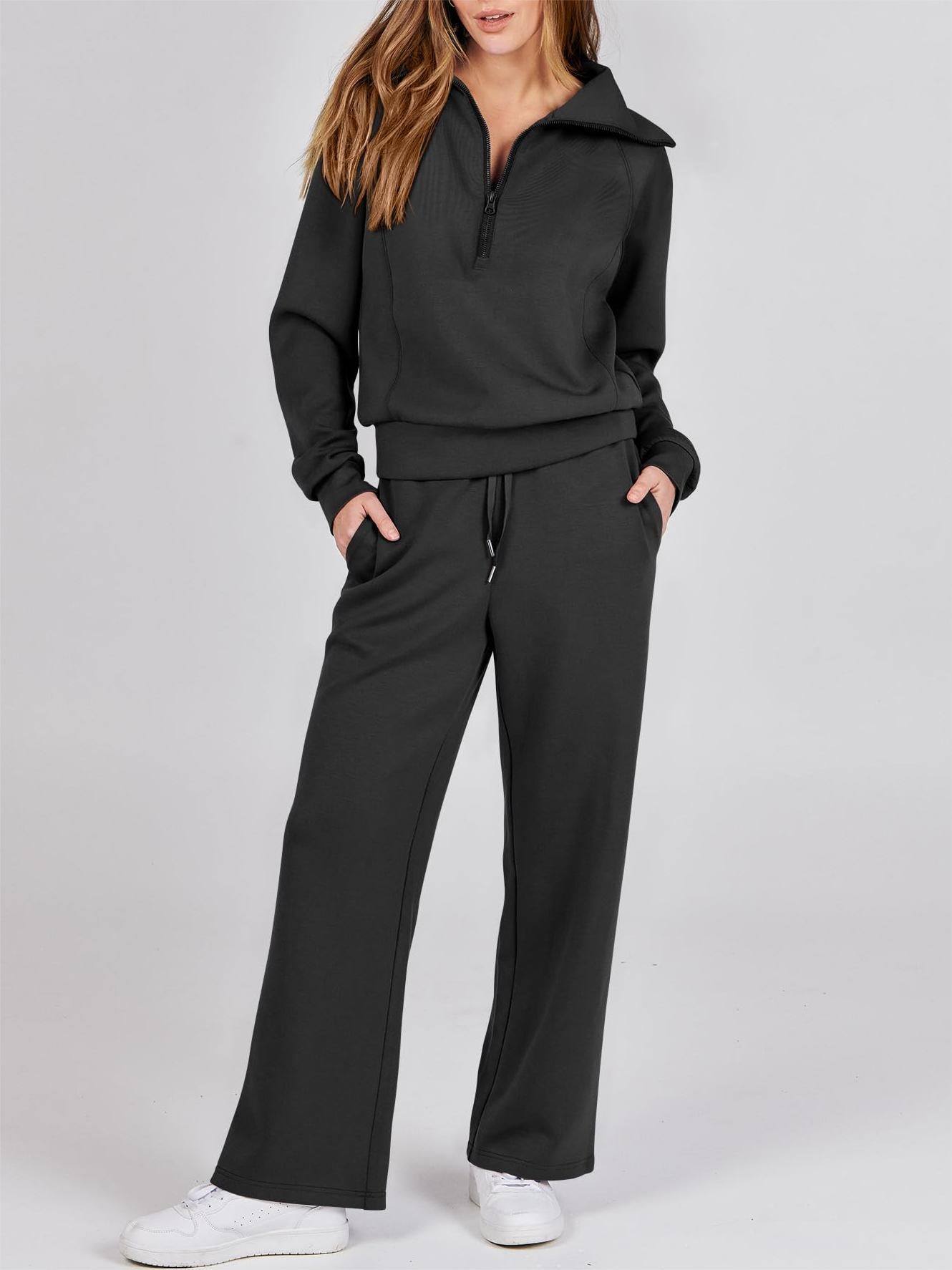 Women's 2 Piece Lounge Matching Set Wide Leg Sweatpant Half Zip Sweatshirt-S.fashion