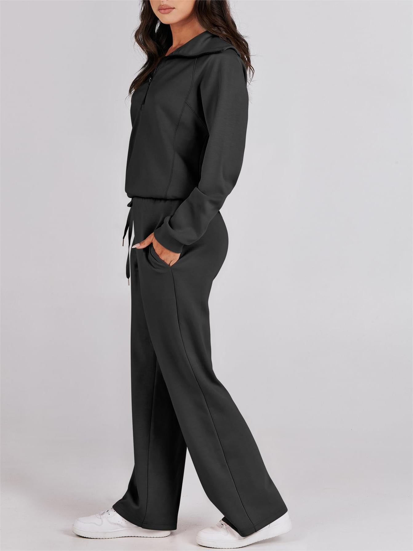 Women's 2 Piece Lounge Matching Set Wide Leg Sweatpant Half Zip Sweatshirt-S.fashion