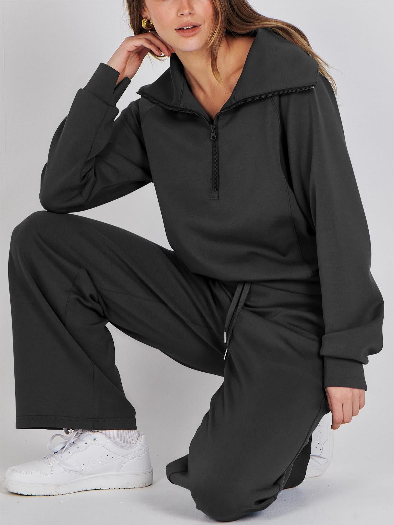 Women's 2 Piece Lounge Matching Set Wide Leg Sweatpant Half Zip Sweatshirt-S.fashion
