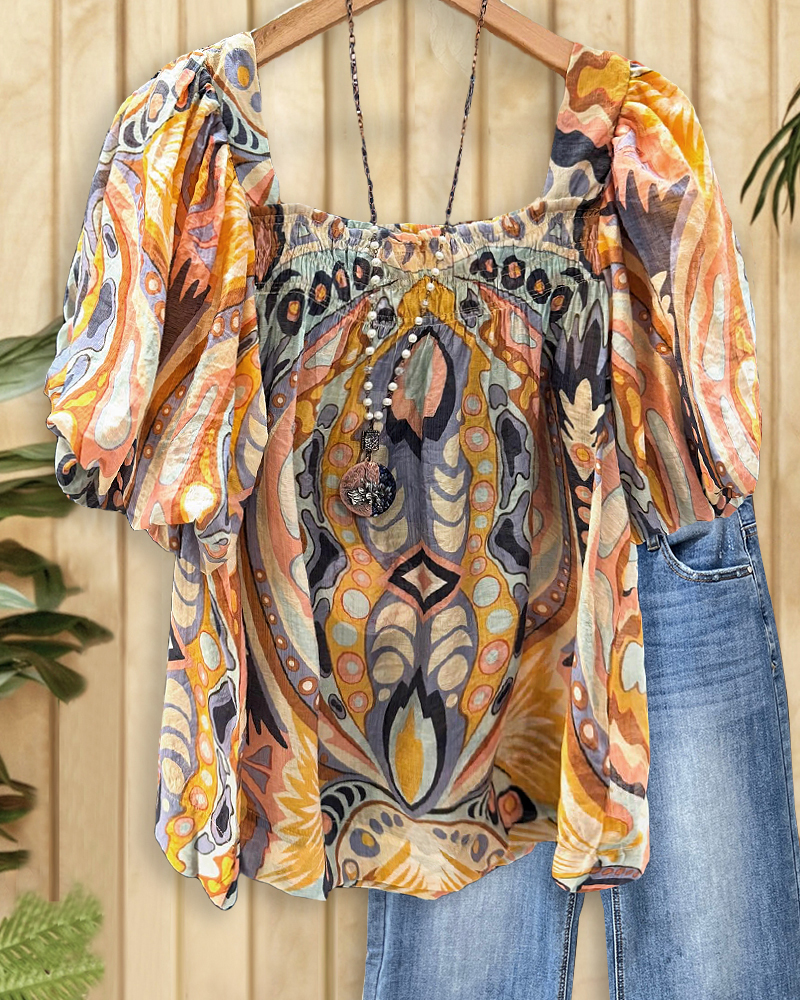 Tribal Print Puff Sleeve Square Collar Chic Blouse-S.fashion