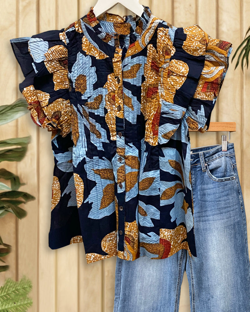 Floral Print Elegant Ruffle Sleeve Button Down T-Shirt-S.fashion