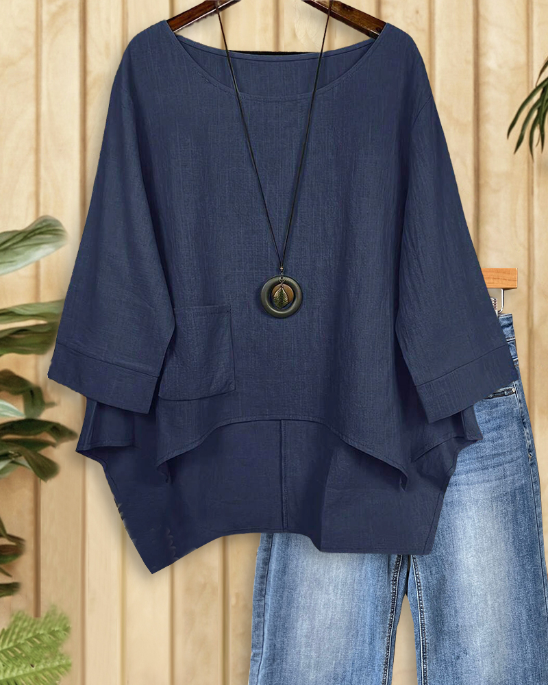 Solid Color Casual Pocket Irregular Blouse-S.fashion
