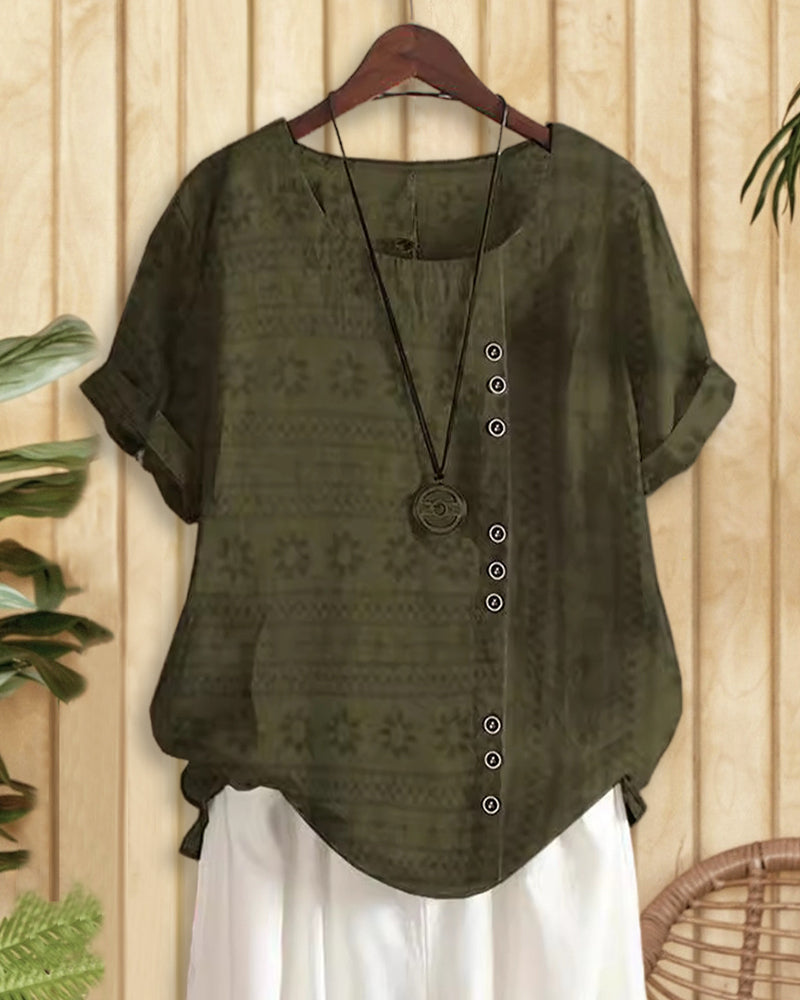 Subtle Floral Print Relaxed Round Neck Blouse-S.fashion