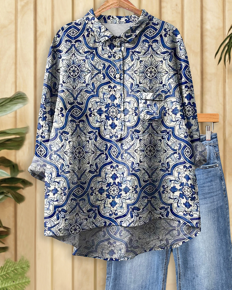 Floral Print Retro Shirt Collar Blouse-S.fashion