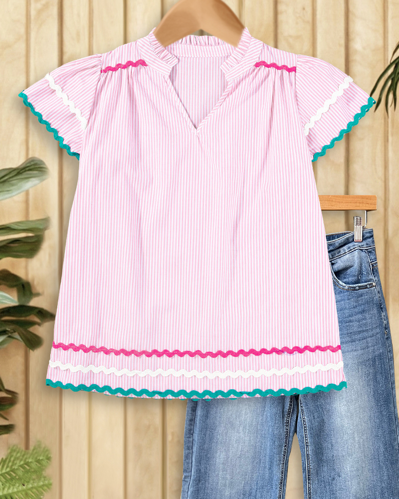 Patchwork Striped Smart Ruffle Sleeve Blouse-S.fashion
