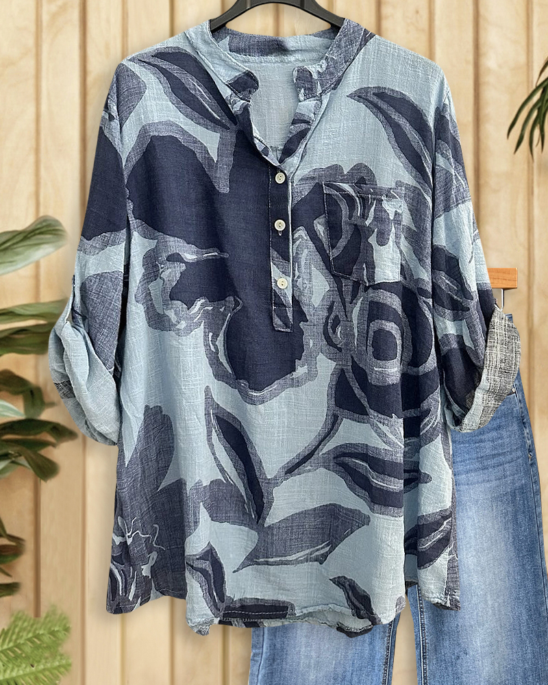 Floral Print Cozy Pocket V Neck Shirt-S.fashion