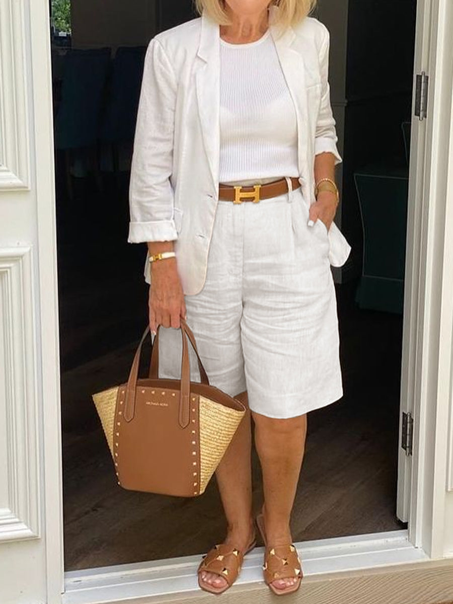 Casual Long Sleeve Coat And Shorts Two-Piece Set-S.fashion