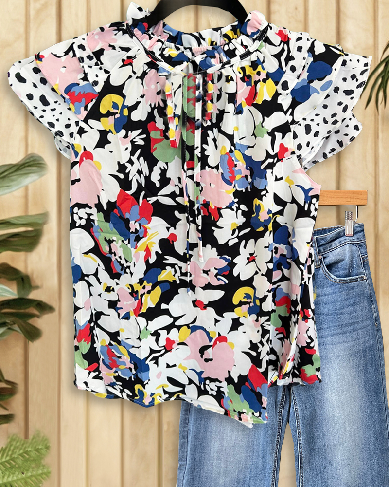Multi Floral Print Ruffle Sleeve V-Neck Top-S.fashion
