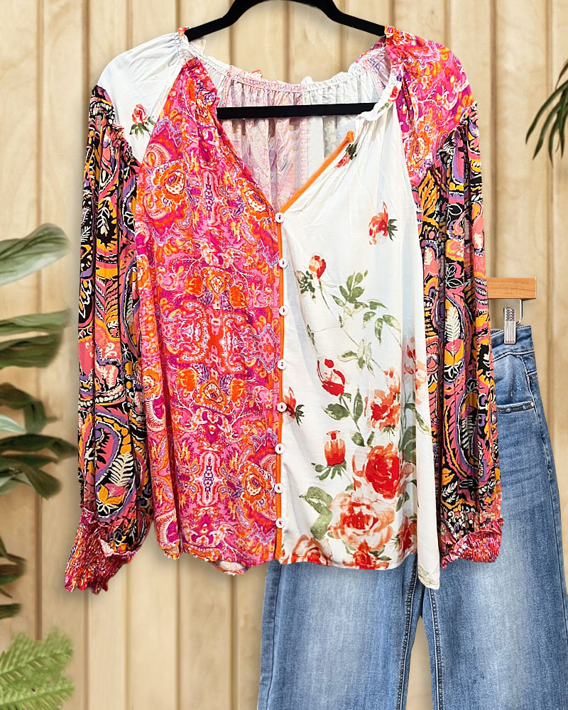 Paisley & Floral Print Mixed Patchwork Boho Button Blouse-S.fashion