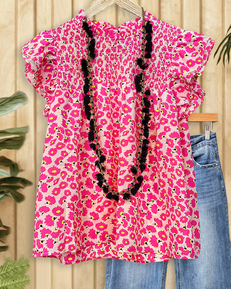 Floral Print Strap Shirred Cute Ruffle Sleeve Blouse-S.fashion