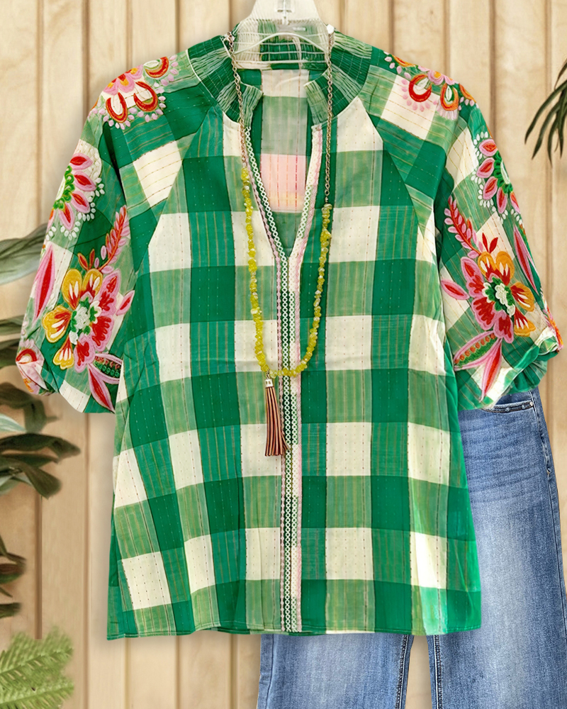 Floral Print Puff Sleeve Urban Plaid Blouse-S.fashion