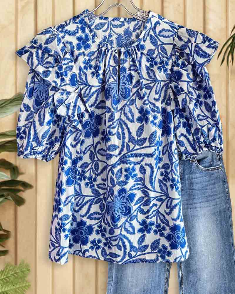 Floral Print Elegant Ruffles Puff Sleeve T-Shirt-S.fashion