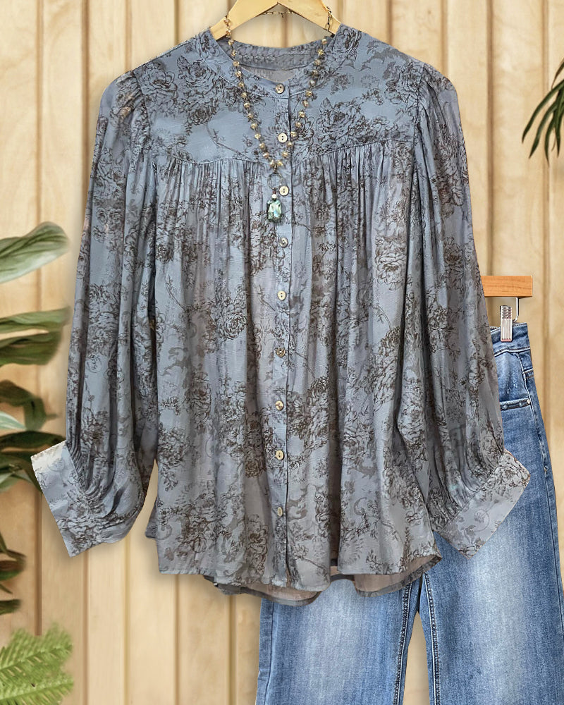 Vintage Floral Print Laid Back Button Down Blouse-S.fashion